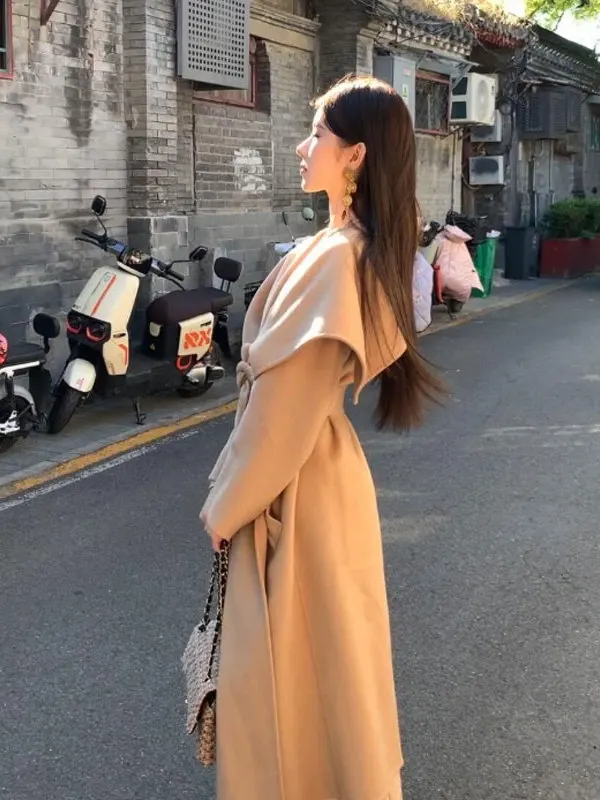 

Корейское шерстяное пальто класса люкс с большим воротником, модное, с поясом, зимняя верхняя одежда, длинное, однотонное, удобное для повседневной носки