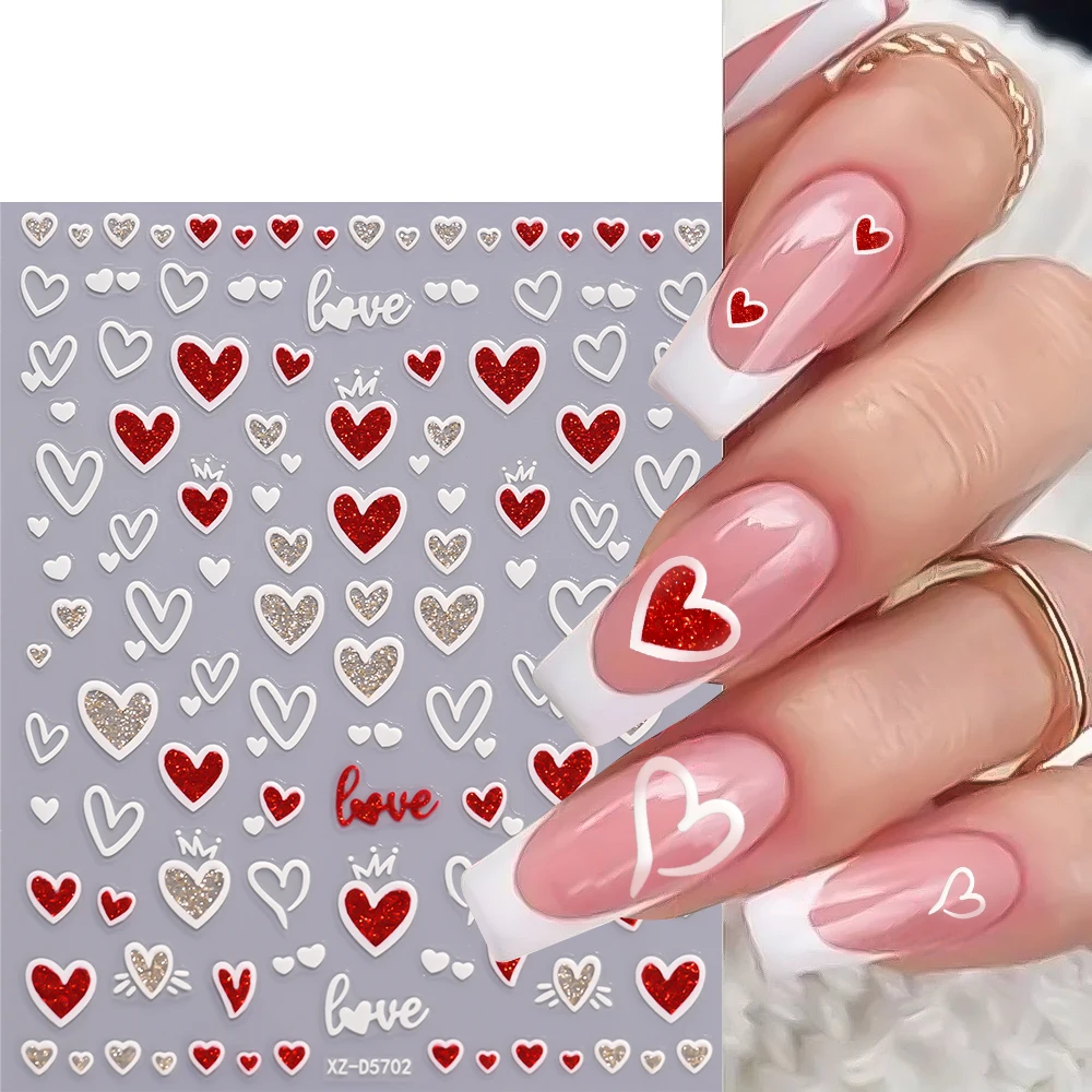 6PCS/Set Bowknot Heart Nail Sticker Red White Glitter Love Nail Art Decals DIY Self-Adhesive Nail Sliders Manicure Nail Supplies