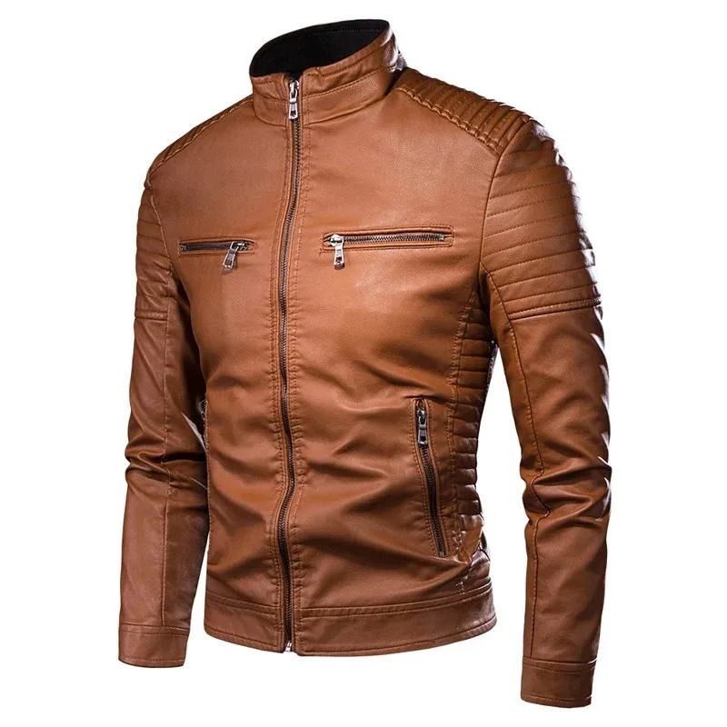 Men's Jacket solid Colors leather jackets male Stand Collar Motor Slim Multi Pockets jackets male Vintage Classic Leather Jacket