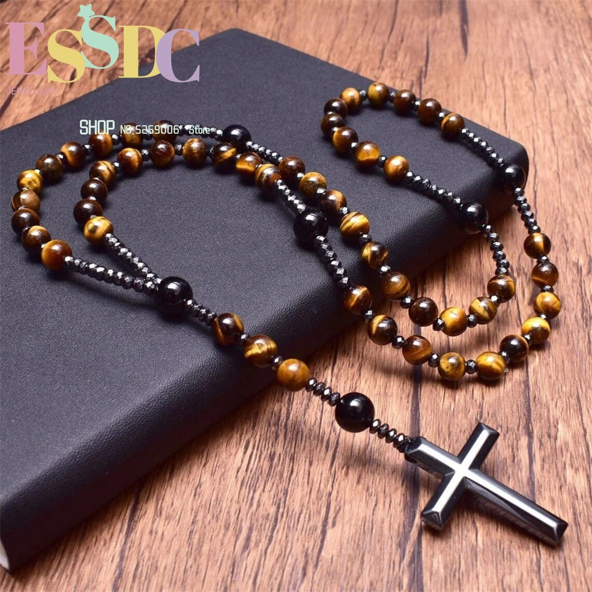 Obsidian Black Agate Malachite Tiger Eye Stone African Pine Beaded Hematite Black Gallstone Cross Pendant Necklace Charm Gift