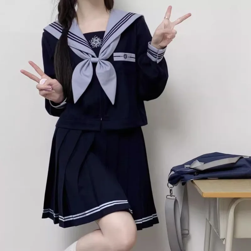 2024 New Japanese JK Uniform Preppy Style Sailor Suit Sweet Blue Long Short Sleeves Top Cinched Waist Pleated Skirt Set For Girl