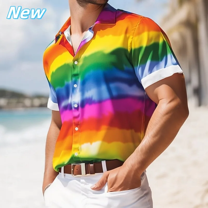 

3D Print Fun Rainbow Aloha Shirt For Men Colorful Stripes Graphic Blouses Casual Short Sleeve Hawalian Shirts Loose Street Tops
