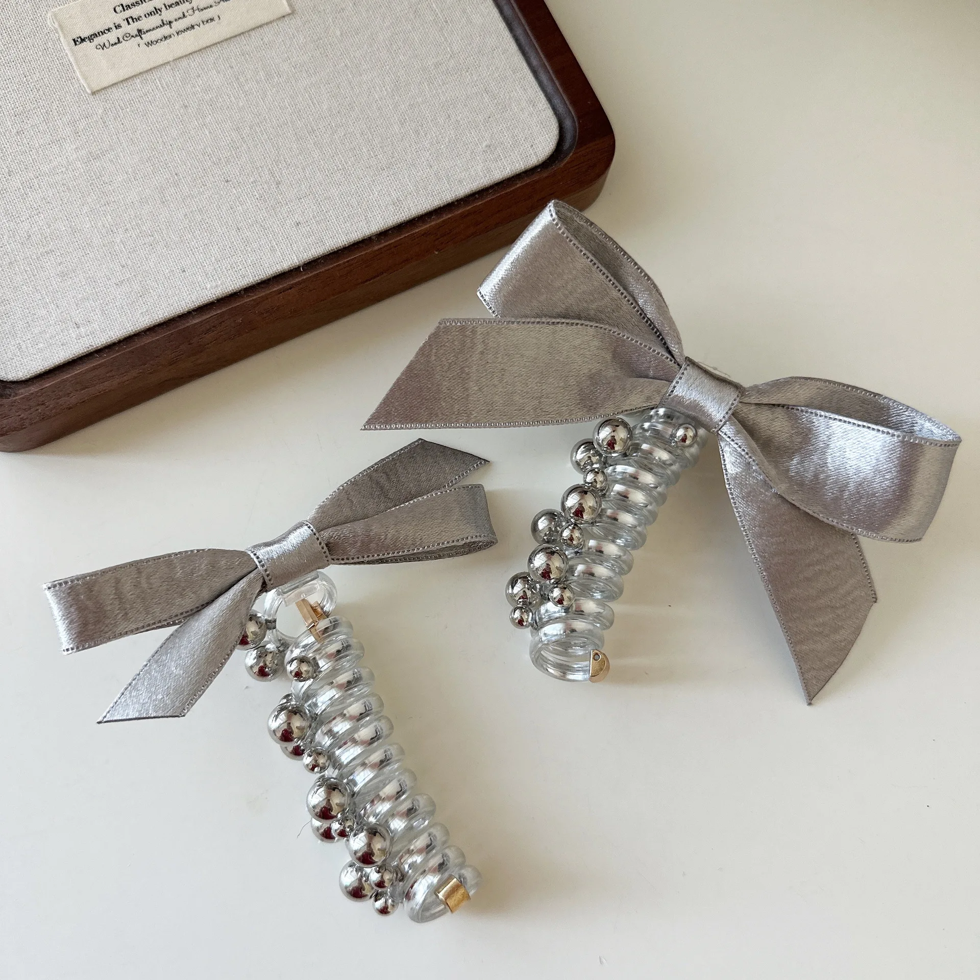 Silver Bow Hair Clip with Phone Cord Hair Tie for High Ponytail Bubble Braid Cool Cute Girl Classic Versatile Premium Soft