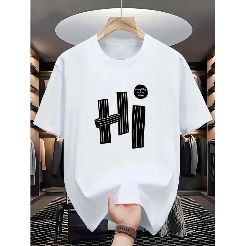 Summer men's 100% pure cotton casual loose fit plus size hi letter pattern  printed round neck short sleeved T-shirt top