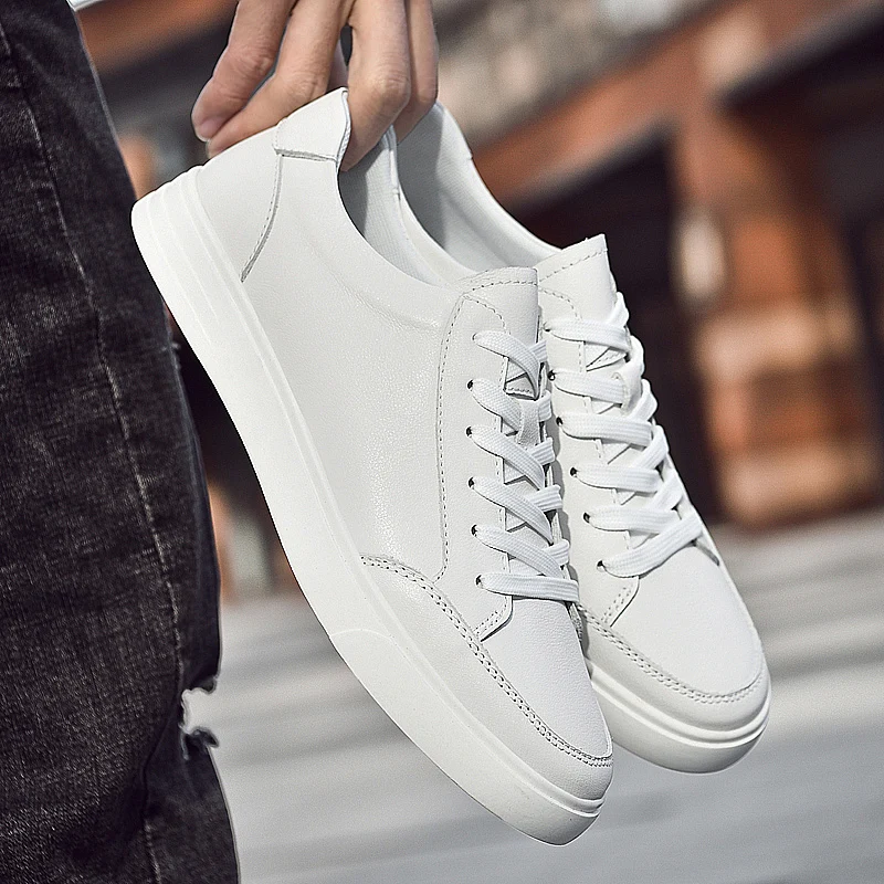 2022 Classic Men White Sneakers Soft Leather Shoes Lace-up Casual Flats Shoes Genuine Leather Men Shoes White Shoes