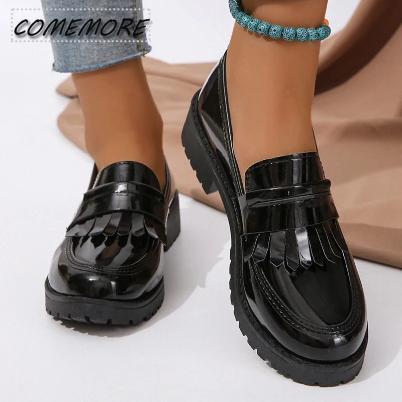 Black Patent Leather Platform Loafers Women Fashion Tassels Shallow Flats Shoes Woman British Style Middle Heels Office Shoes 42