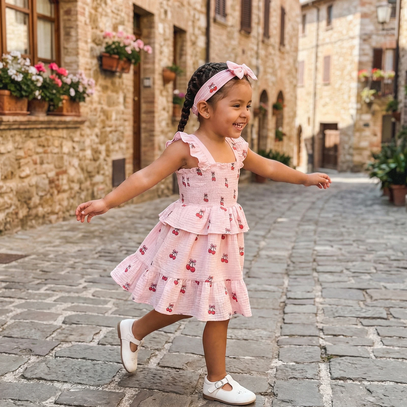 Kids Girl’s Dress Set, Fly Sleeve Pleated Cherry Print Summer A-line Dress with Headband