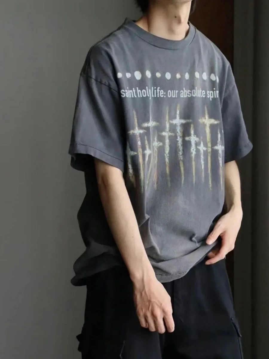 SAINT X FORSOMEONE Nine Inch Nails West Coast High Street  Trendy Brand Washed Vintage Short Sleeve T-Shirt Cotton Youth...