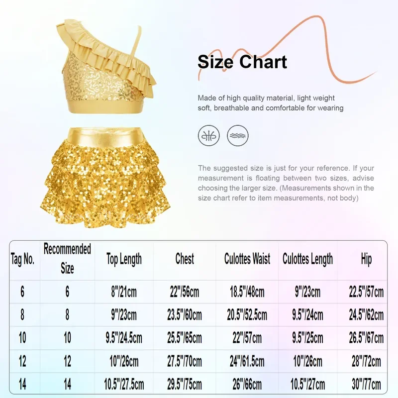 2Pcs Kids Girls Shiny Sequins Dance Outfits Oblique Shoulder Crop Top with Skirted Shorts Set for Hip Hop Jazz Latin Performance