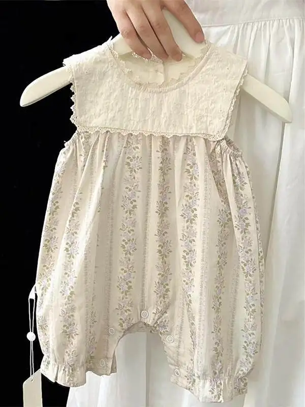 

Korean Sle Baby Summer Rer Floral Print Vest Cling Suit Thin Cotton Outfit for Baby Girls mid Waist ort Pants