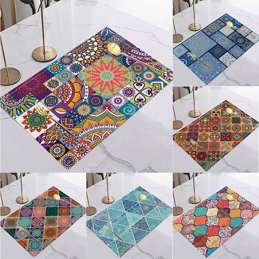 4/6/8 stücke Boho Ethnische Muster Tischsets Küche Esstisch Matte Dekor Zubehör Hitzebeständige Leinen Geschirr Matten