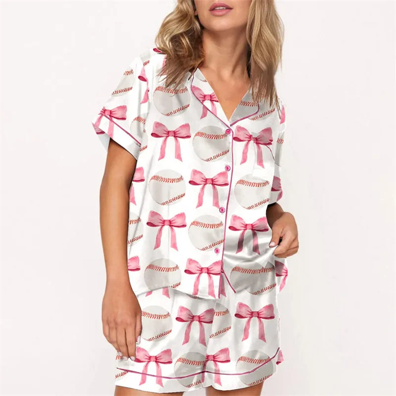 Y2k Bow Baseball Print Satin Pajamas Set Lounge Set 2 Piece Women Casual Outfits Set Button Down Shirt Shorts Set Sleepwear