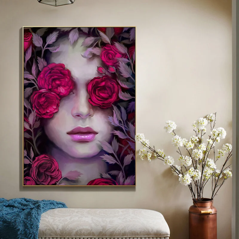 

Abstract Fashion Flower Girl Canvas Poster, Artistic Mural, Wall Decoration Nordic Living Room Home Decoration, Frameless