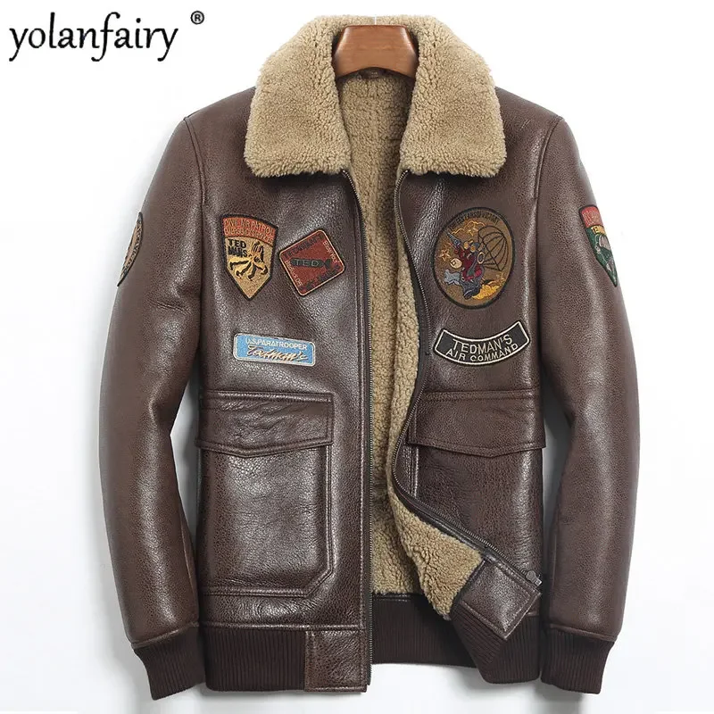 

YOLANFAIRY Natural Fur Jacket Men Real Sheep Fur Coats Male Lapel Flight Suit Real Leather Sheepskin Coat Man 2022 Winter Jacket