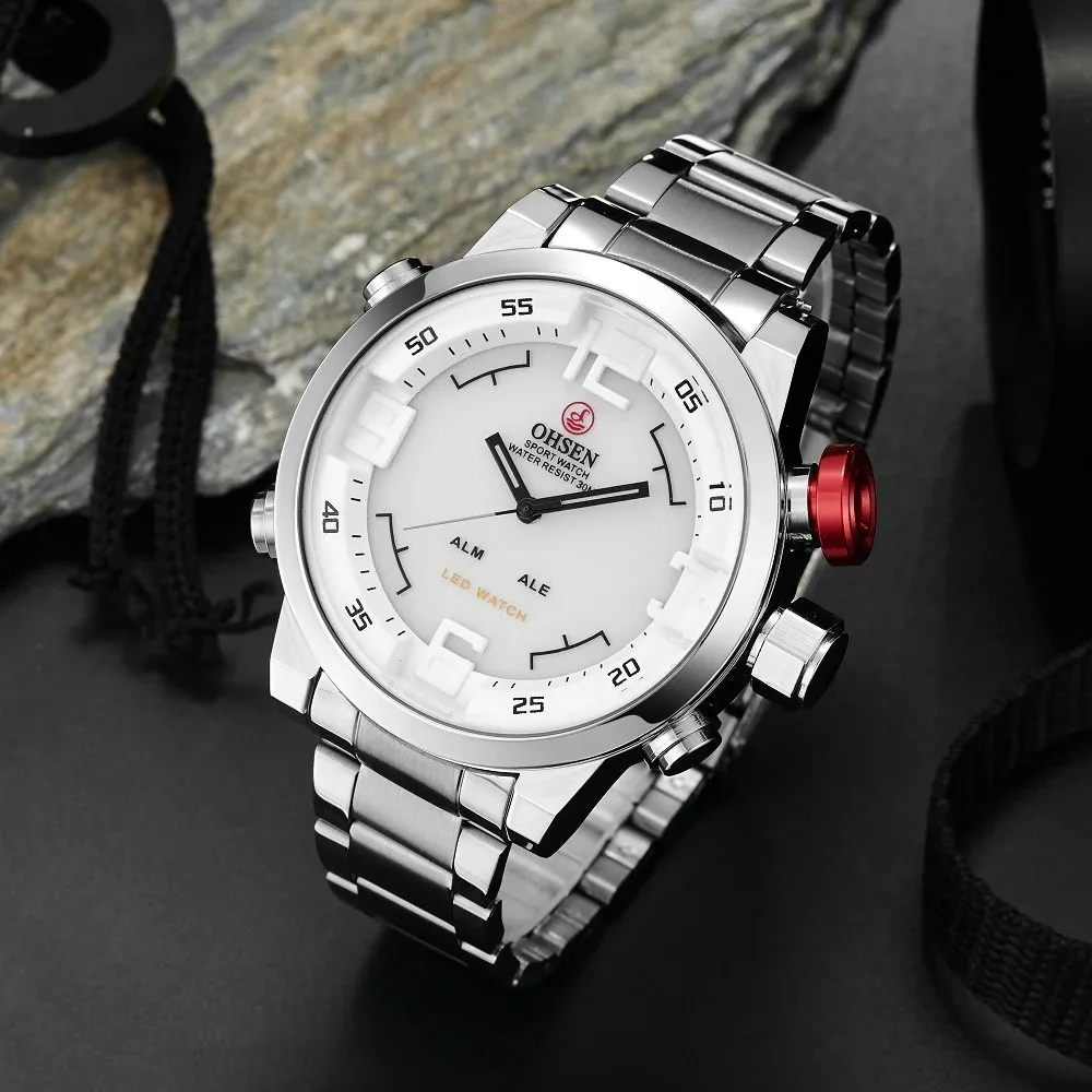 OHSEN Men Digital Watches Quartz Business Wristwatches White Steel Band Sport LED Military Casual male clocks Relogio Masculino