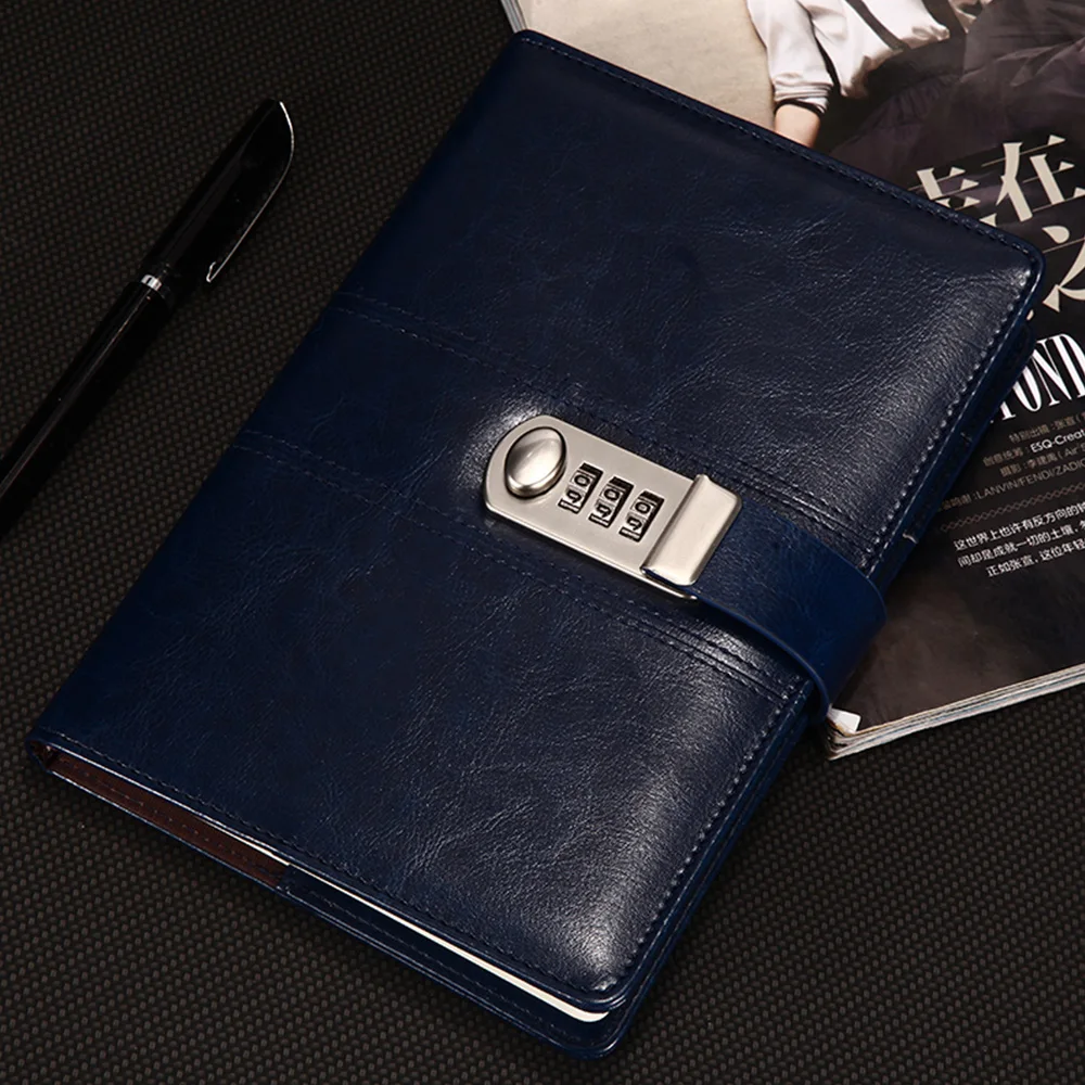 A5 Leather Password Notebook With Lock Bigger Size 21.8cmx17.8cm Writing Pads Lockable Notepad Diary With Gift Pen 2023 Newest