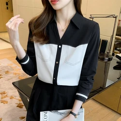 Temperament Contrast Youth Shirt Tops Spring Autumn New Long Sleeve V Neck Loose Casual Blouse Fashion Vintage Women Clothing