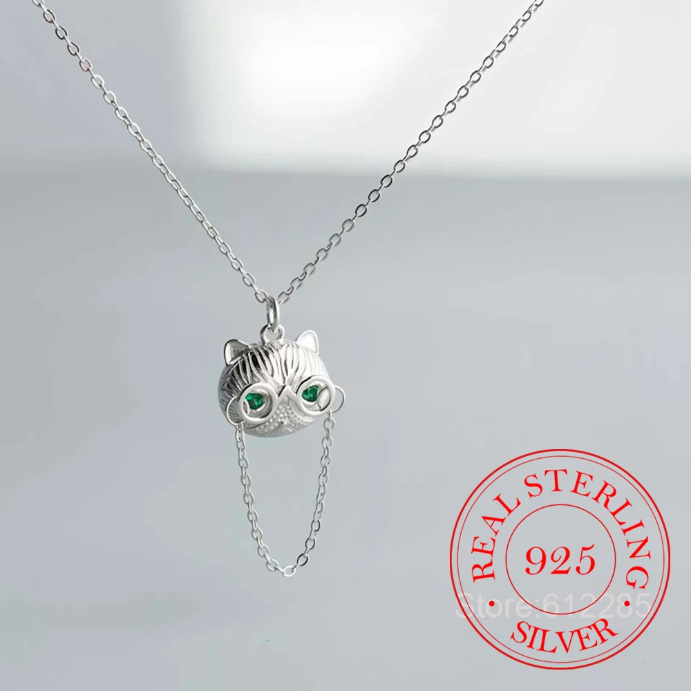 925 Sterling Silver Jewelry Green Crystal Eyes Glasses Cat Pendant Necklace for Women Wedding Party Jewelry Girls Friends Gift