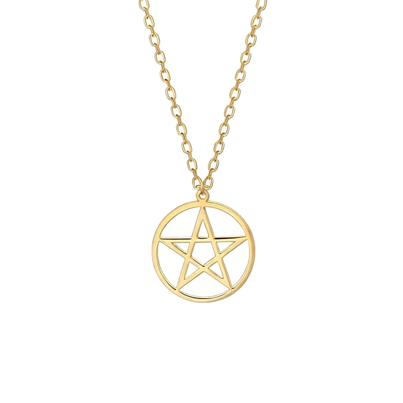 Collar con colgante de pentagrama de acero inoxidable chapado en oro de 14 quilates para mujer, joyería pagana Wiccan con estrella de cinco puntas