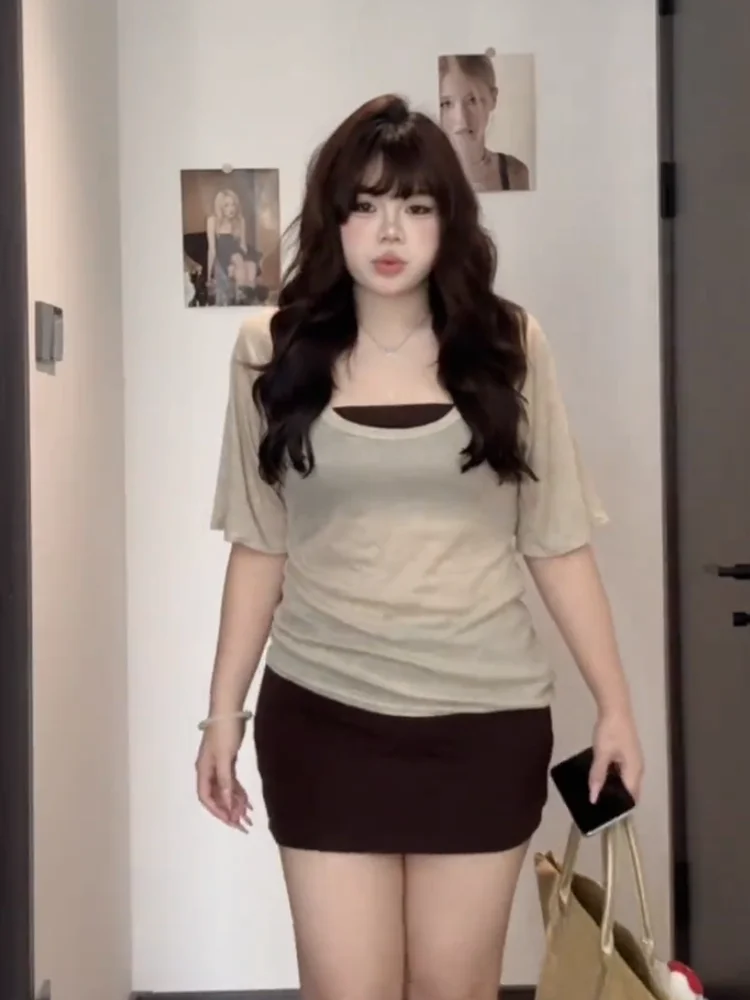 Grande taille u-ne ort Sve T-irt ensemble décontracté polyvalent coton été Faion haut de gamme sentiment deux pièces ensemble pour les jeunes femmes