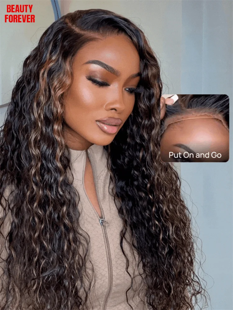 

Beauty Forever Golden Brown Water Wave Curly Glueless Frontal Wig Bye Bye Knots 13x4 Pre Cut Lace Front Human Hair Wig