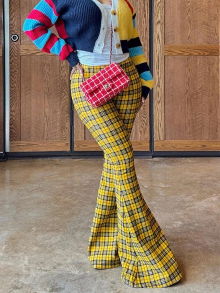 

Foamlina женские желтые брюки-клеш в клетку с принтом в винтажном стиле с высокой эластичной резинкой на талии узкие эластичные брюки-клеш полной длины