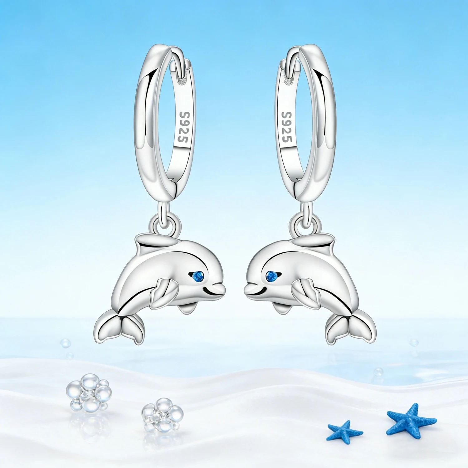 S925 Sterling Silver Earrings Marine Life Element Blue Devil Fish Dolphin Shell Earrings  For Women Jewelry Birthday Gift