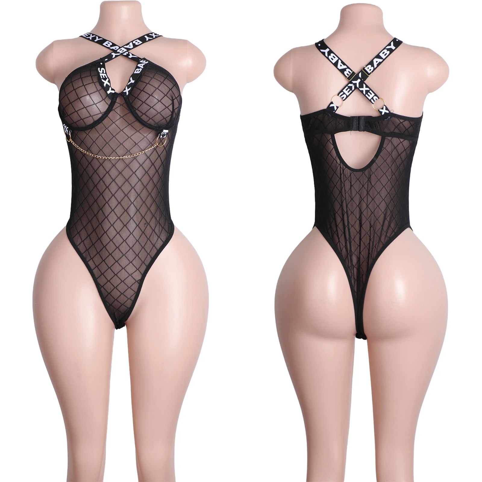 Exotic Dancewear Strings Festival Mesh Chain Thong Leotards Dancing Performance Outfit Sexy Clubwear Nightclub Costume