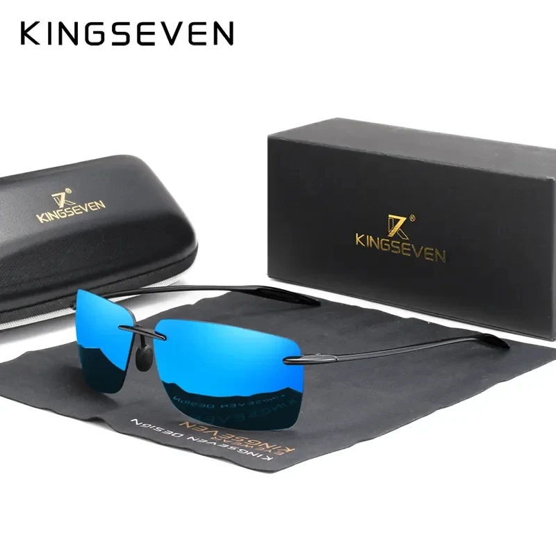 KINGSEVEN-Lunettes de soleil carrées sans monture pour hommes et femmes, lunettes sans monture, lentille miroir, ultralégère, haute qualité, marque