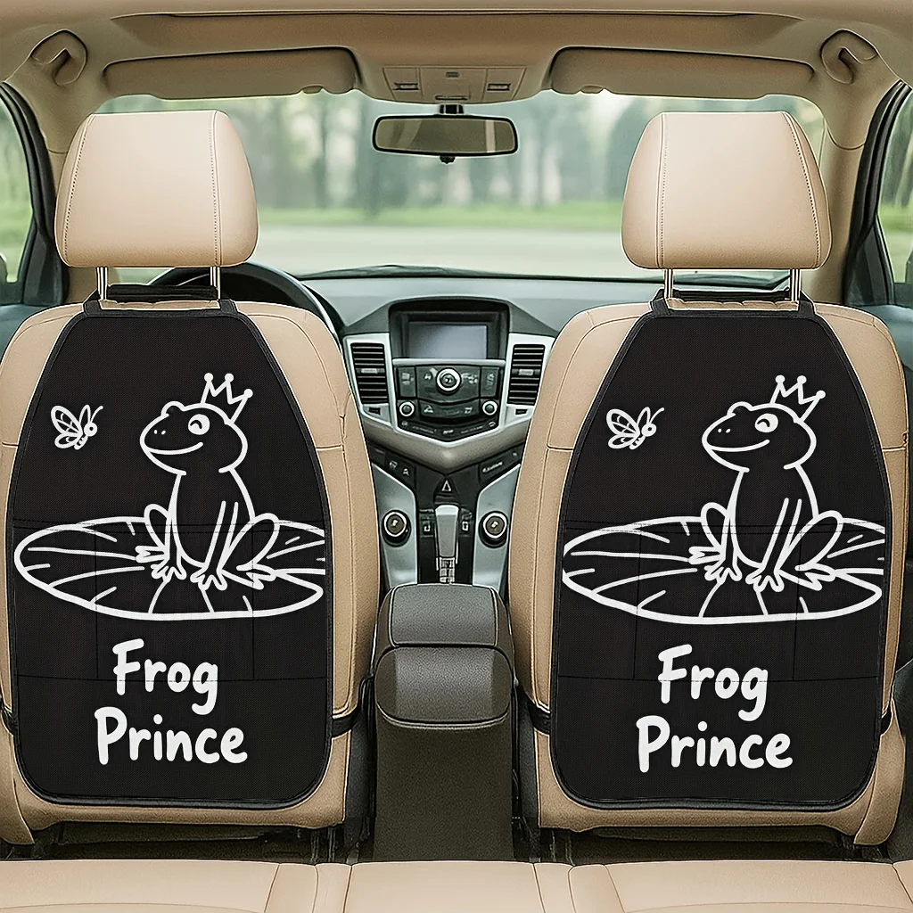 2pcs 2D Printed Car Seat Back Protector Pads, Frog Prince Sitting On Lily Pad With Crown Theme Pattern Printed Car Seat Back Pro