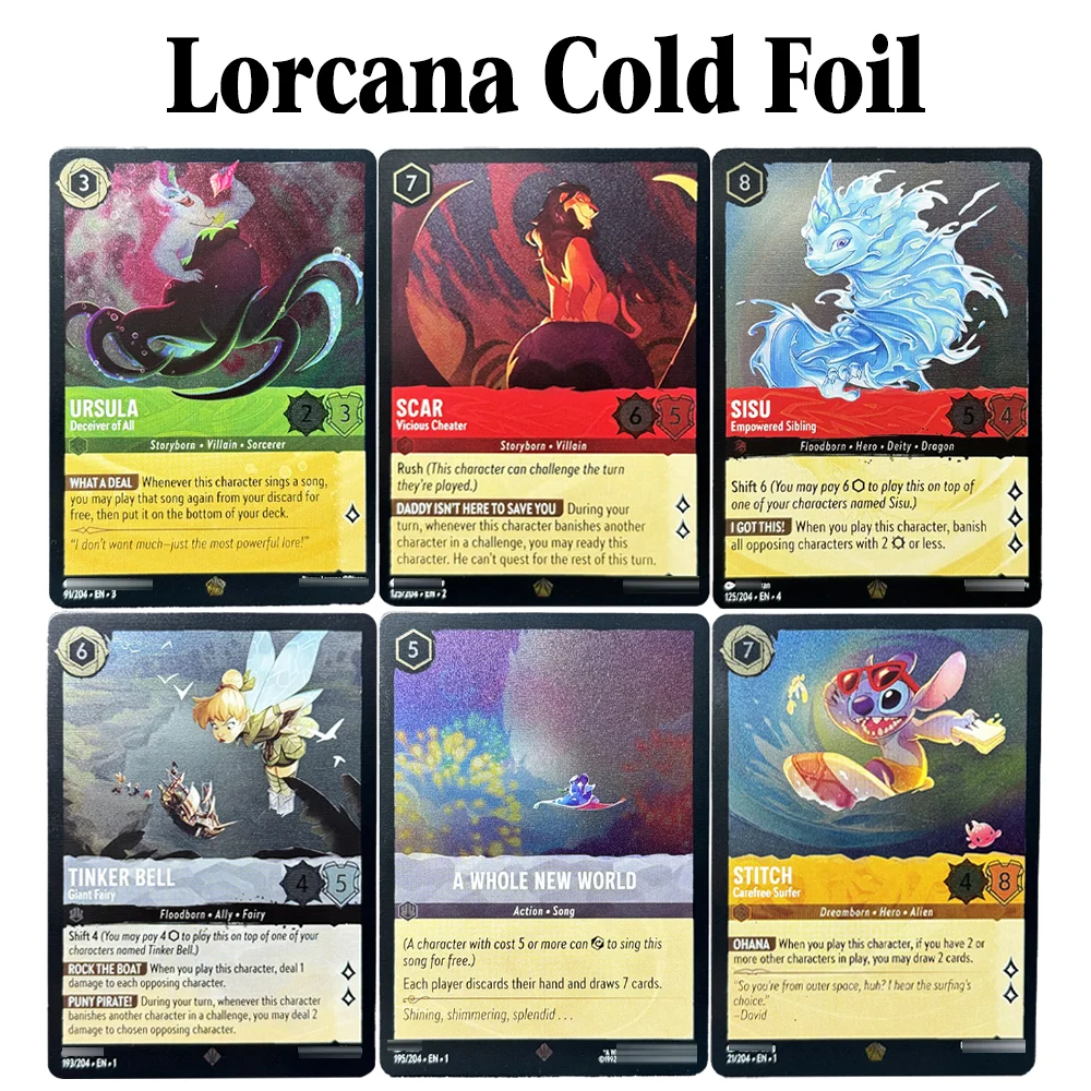 Lorcana Cold Foil Proxy Cards A WHOLE NEW WORLD URSULA Deceiver of All SCAR Vicious Cheater SISU Empowered Sibling TINKER BELL