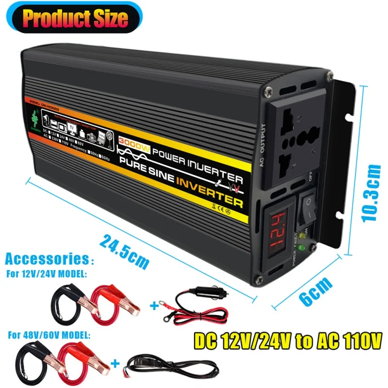 

Pure Sine Wave Inverter 3000W 4000W 6000W DC 12V to AC 110V 60Hz LCD Display Ports Power Inverter Charger Converter Adapter