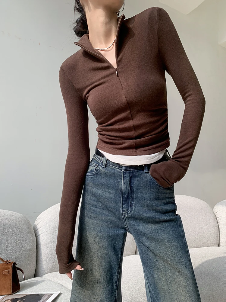 JWUNIQUE Women's Slim Fit Long Sleeve Knitted Sweater Half Zip V-Neck Base Shirt Spring Autumn Brown Hole Design Commute Style