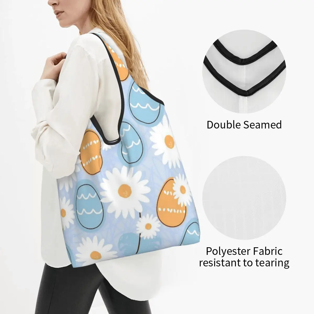 Happy Easter Eggs Shopping Bags Foldable Grocery Tote Bags Large Capacity Daisies Recycling Bags Washable Handbag