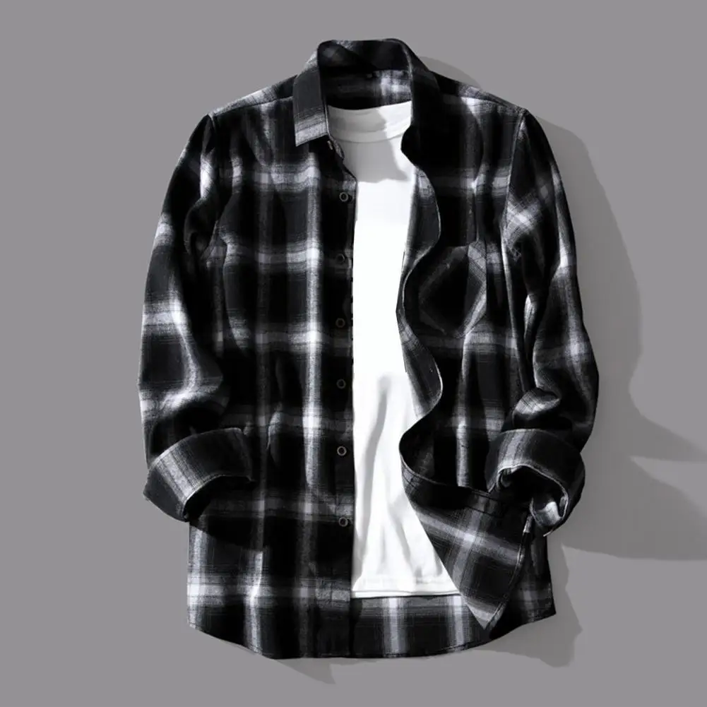 Men Spring Shirt Plaid Print Long Sleeves Contrast Colors Turn-down Collar Lapel Warm Single-breasted Color Matching Buttons Aut