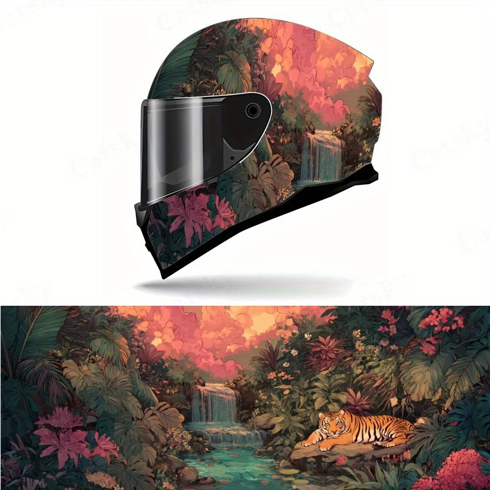 Calcomanía de vinilo para casco de motocicleta, tigre de la selva de ensueño y bosque encantado, decoración de casco impermeable autoadhesiva, universa