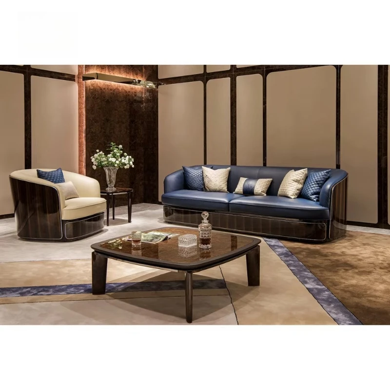 

Contemporary wood veneer and metal corner table with copper accents