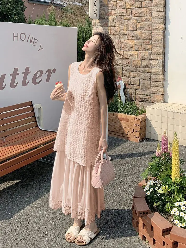 ドレス ノースリーブ レディースドレス Y2K ホルターネック ロックスター 春 ボヘミアン クロシェ編み ブロッキング アップリケ Aライン ふわふわ ピクニック ブルーミング シック