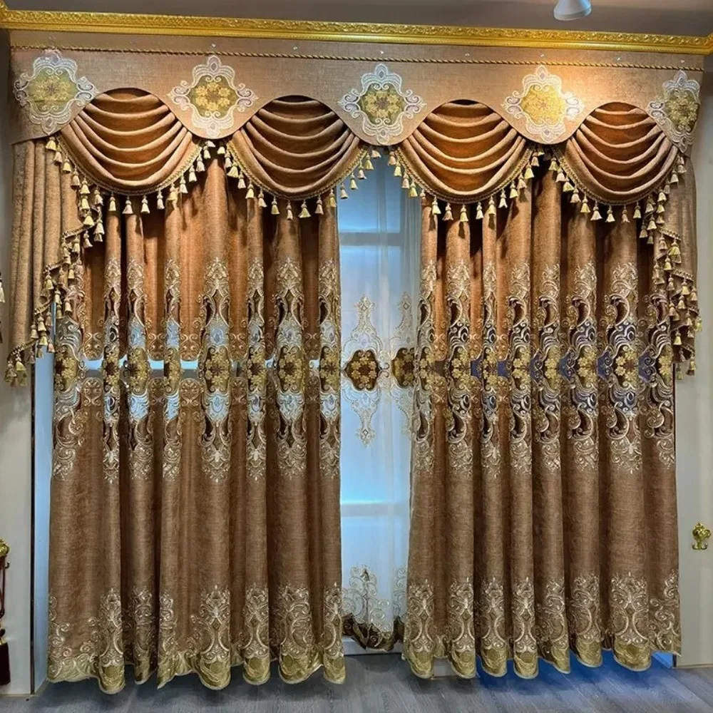 

Embroidered Luxury Chenille Curtains for Living Room Bedroom Villa Noble Coffee Valance Tulle Shading High-end Customization