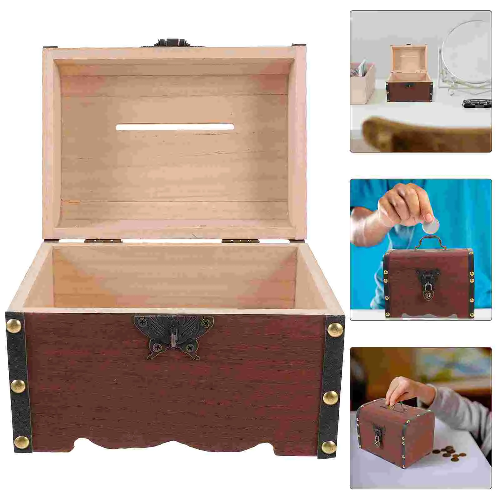 

Jewelry Love Lock Money Box Piggy Banks for Kids Wood Coin Container Transparent Solid Child Vintage