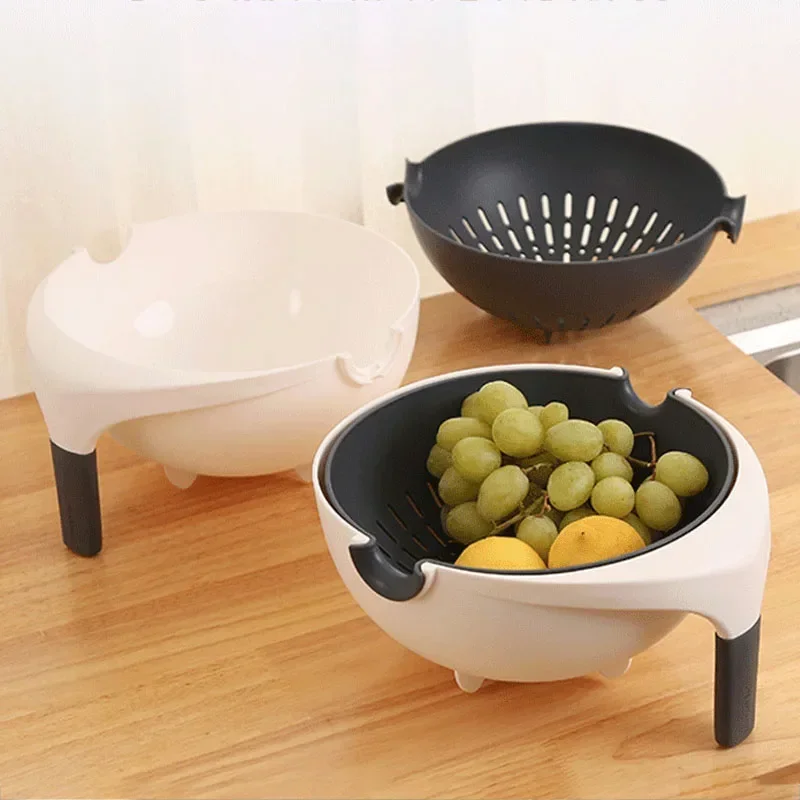 

Nordic Fruit Drain Storage Basket Rotating Fruit Bowl Plastic Household Washing Fruit Basket Kitchen Organizer