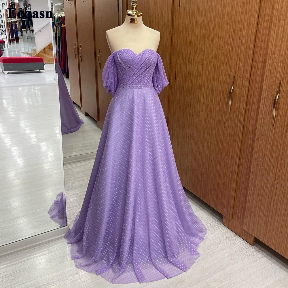 

Eeqasn Lavender Dotted Tulle Formal Prom Dresses Off The Shoulder Sweetheart Pleats Evening Gowns Women Party Occasion Dress