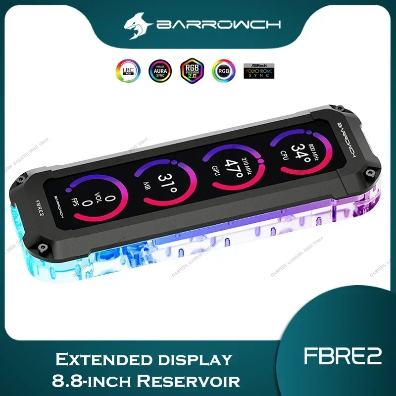 Barrowch Computer Split Water Cooling 2 In 1 Reservoirs + Extended Display Screen 8.8-inch, Liquid Build Water Tank FBRE2