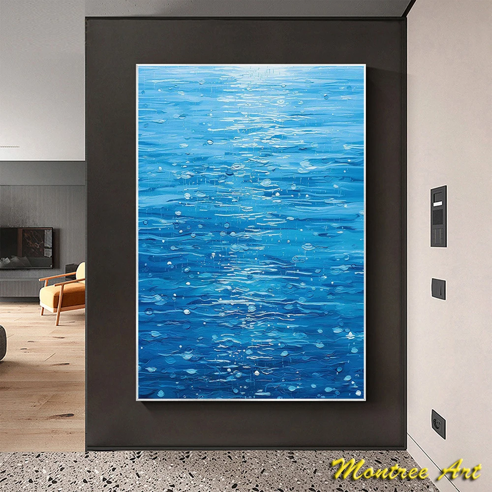 Abstract Water Surface Oil Painting Original Seascape Painting Rain Scene Wall Decor Bedroom Home Decor Large Blue Wall Art