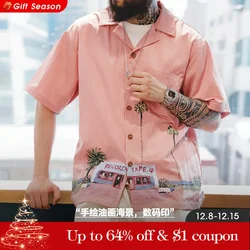 Maden American Retro Oil Painting Printed Shirts Hawaiian Pink Short-sleeve Beach Seaside Short Sleeve Blouses Tops Men's Summer