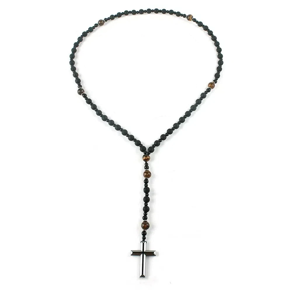 

Chic Cross Pendant Beaded Long Necklace Women Men Charm Tiger-eye Beads Necklace Accessory Rosary Neck Jewelry Vacation