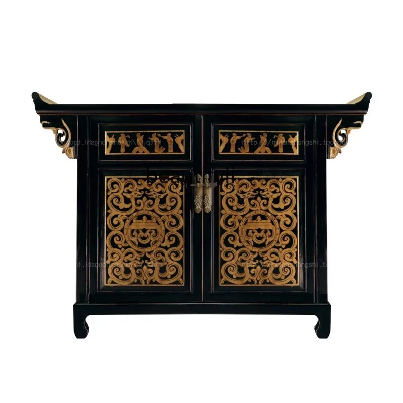 

Neoclassical Chinese hand-painted gold foil upturned head shoe cabinet, solid wood entrance foyer locker side cabinet