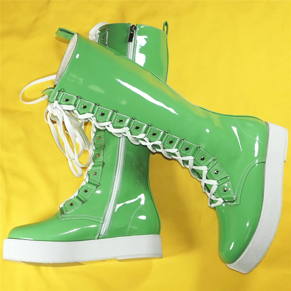 

Winter Warm Pumps Shoes Women Green Patent Leather Knee High Snow Boots Female Round Toe Platform Fashion Sneakers Casual Shoes