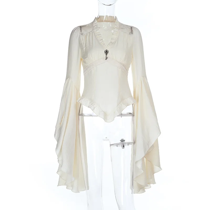 Goth Dark Vintage Fashion Blouses Shirts Women Batwing Sleeve Mall Gothic V-Neck Slim Shirts Tops Embellished Halloween Clothes