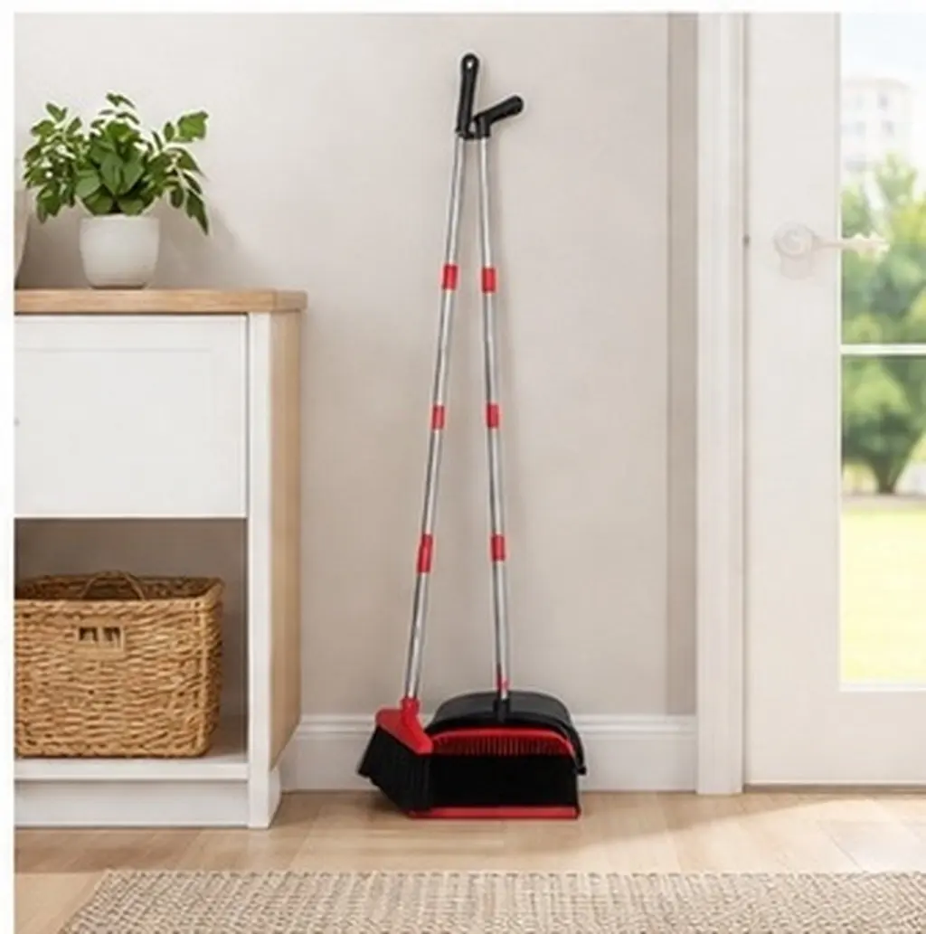 1Set Foldable Broom and Dustpan Combo Self-Cleaning Teeth Upright Standing Dustpan for Home Pet Hair Water Stains Crumbs Indoor